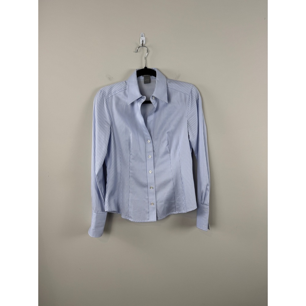 Ann Taylor Blouse Blue 4 Striped Long Sleeve Cotton Button Down Workwear
